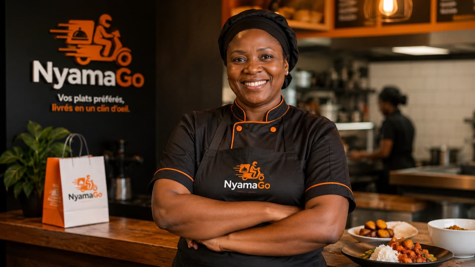 Cuisinière NyamaGo présentant un plat